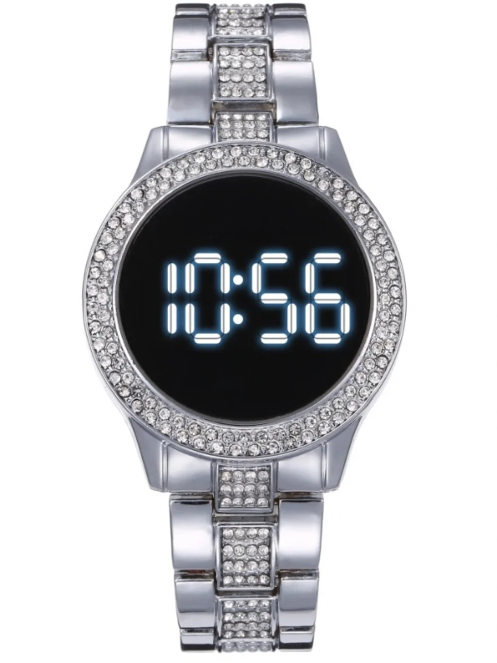 Unisex Women Men Rose Gold Crystal Rhinestone Round LED Metal Strap Timer Watch